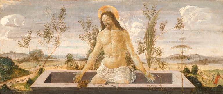 Christus mit Heiligenschein steigt aus dem Sarkophag in weiter Landschaft – Sandro Botticelli Christus im Grabe Kunstkopie