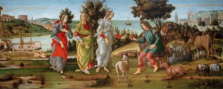 Paris und drei Göttinnen in weiter Landschaft am Meer mit Rindern – Sandro Botticelli Das Urteil des Paris Kunstkopie