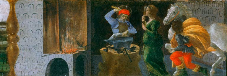 Mehrere Figuren vor Architektur, rechts ein weißes Pferd – Sandro Botticelli Der heilige Markus Kunstkopie