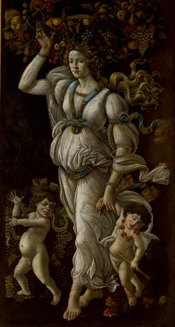 Allegorische Frauengestalt in wehendem Gewand mit zwei Putten vor dunklem Grund – Sandro Botticelli Der Herbst Kunstkopie