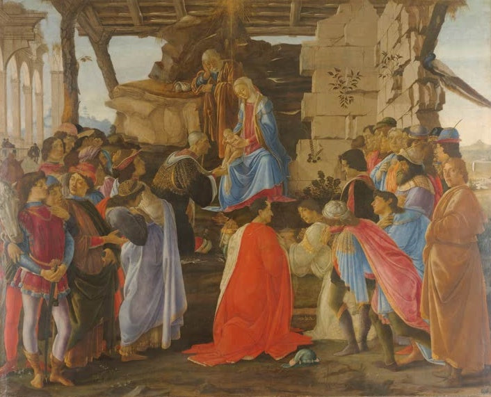 Könige huldigen Maria mit Kind unter einem zerfallenen Stalldach – Sandro Botticelli Die Anbetung der Könige Kunstkopie