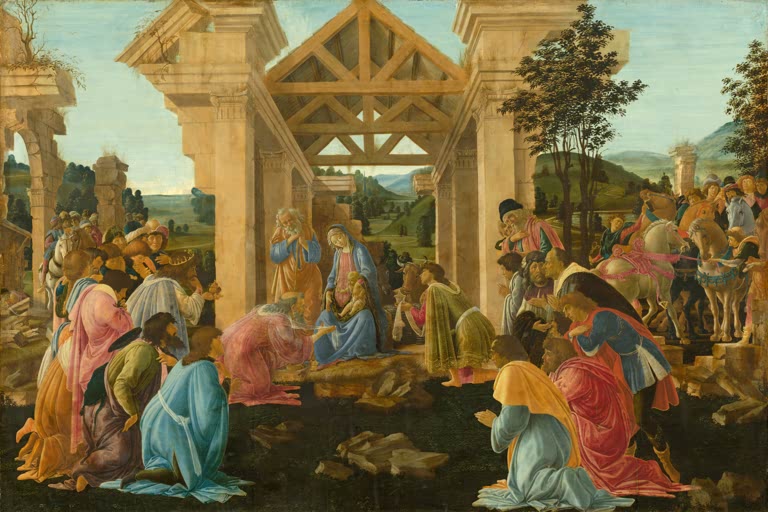 Maria mit Kind inmitten knieender Könige vor antiken Ruinen – Sandro Botticelli Die Anbetung der Könige Kunstkopie