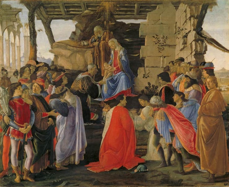 Heilige Drei Könige huldigen Maria mit Kind unter einem Stalldach – Sandro Botticelli Die Anbetung der Könige Kunstkopie