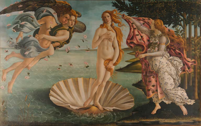 Venus in der Muschel im Meer, links Windgötter, rechts eine Frau – Sandro Botticelli Die Geburt der Venus Kunstkopie