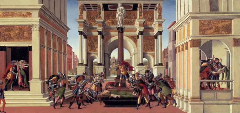 Tote Frau auf dem Boden, Krieger in einer Säulenhalle – Sandro Botticelli Die Geschichte der Lucretia Kunstkopie