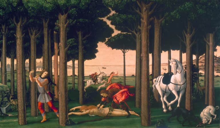 Reiter im Pinienwald, am Boden eine Gestalt – Sandro Botticelli Die Geschichte des Nastagio degli Honesti II Kunstkopie