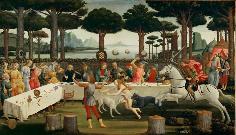 Festtafel im Pinienwald mit Reiter und Hunden – Sandro Botticelli Die Geschichte des Nastagio degli Honesti III Kunstkopie
