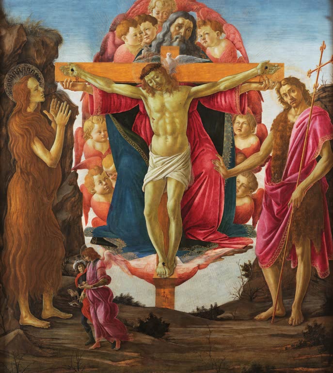 Gekreuzigter Christus mit Gottvater, flankiert von zwei Heiligen – Sandro Botticelli Die Heilige Dreifaltigkeit Kunstkopie