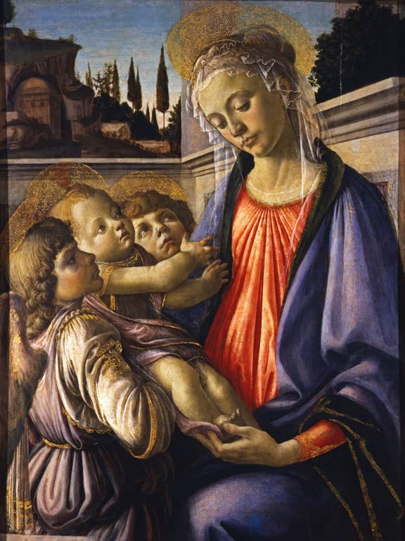 Maria in rotem Kleid und blauem Mantel hält das Kind, zwei Engel neben ihr – Sandro Botticelli Jungfrau mit Kind Kunstkopie