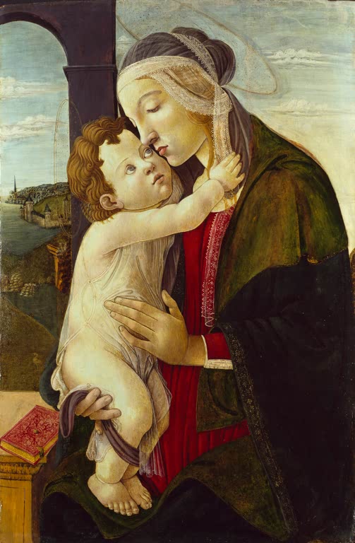 Maria küsst das nackte Kind, Fensterblick auf Landschaft und Wasser – Sandro Botticelli Die Jungfrau mit dem Kind Kunstkopie