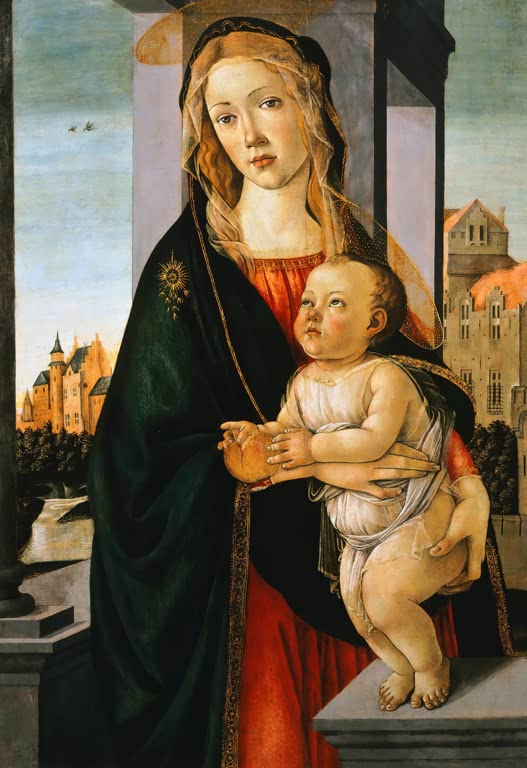 Maria mit dem stehenden Kind vor Burgen und Säulen – Sandro Botticelli Die Jungfrau mit dem Kind Kunstkopie