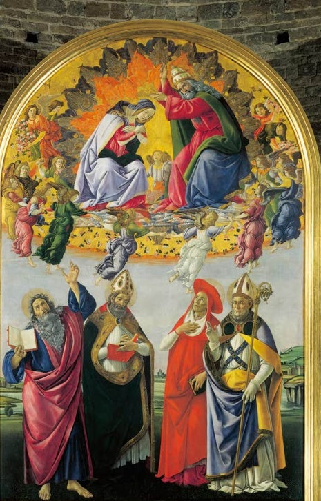 Maria wird im Himmel gekrönt, unten stehen vier Heilige – Sandro Botticelli Die Krönung der Jungfrau Maria Kunstkopie