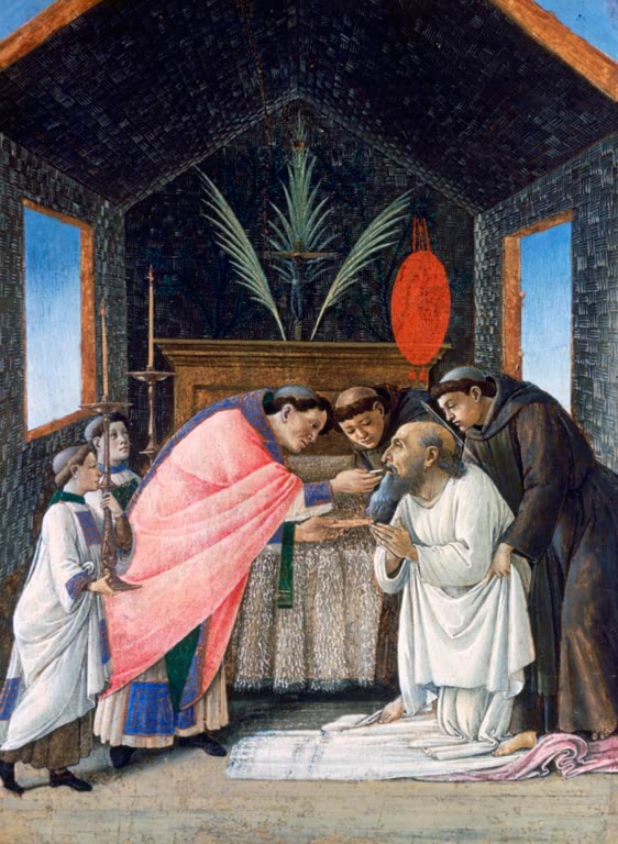 Priester reicht dem knienden Hieronymus die Kommunion in einer Kapelle – Sandro Botticelli Letzte Kommunion Kunstkopie