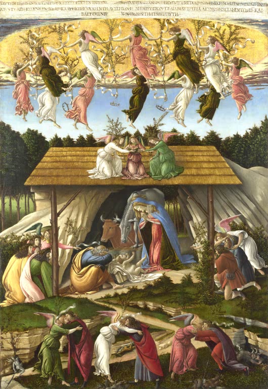 Geburt Christi im Stall, oben tanzende Engel, unten Hirten – Sandro Botticelli Die Mystische Geburt Christi Kunstkopie