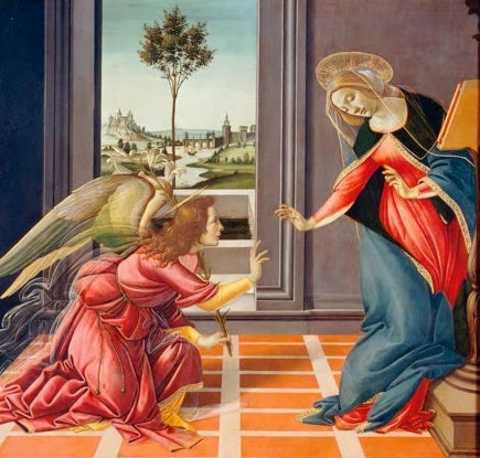 Der Engel kniet vor Maria in einem Raum mit Fensterblick auf Stadt und Baum – Sandro Botticelli Die Verkündigung Kunstkopie