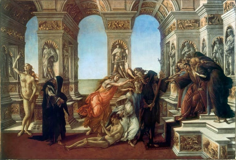 Allegorische Szene in einer prunkvollen Säulenhalle – Sandro Botticelli Die Verleumdung des Apelles Kunstkopie