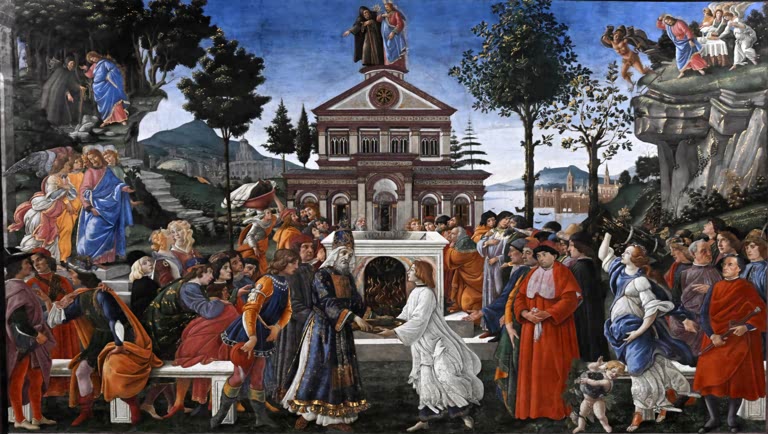 Fresko mit Menschenmenge vor einem Gebäude und einem Altar – Sandro Botticelli Die Versuchungen Christi Kunstkopie