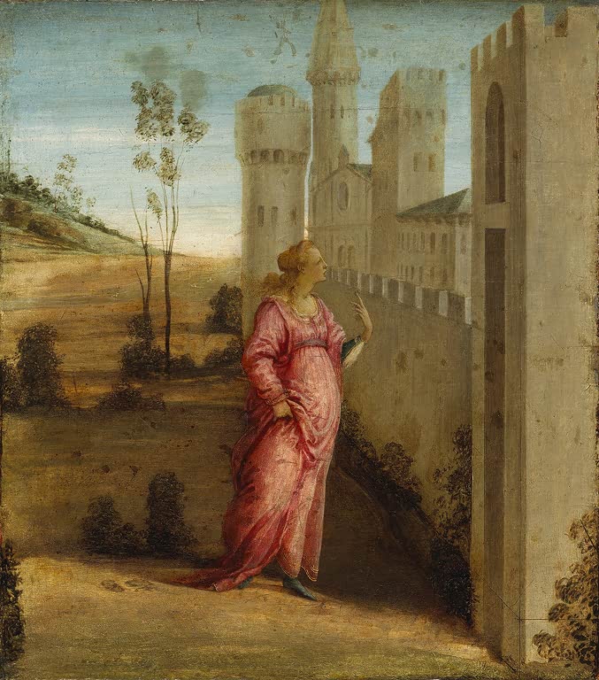 Frau im rosa Gewand vor einer hohen Burgmauer in Landschaft – Sandro Botticelli Esther am Tor des Palastes Kunstkopie