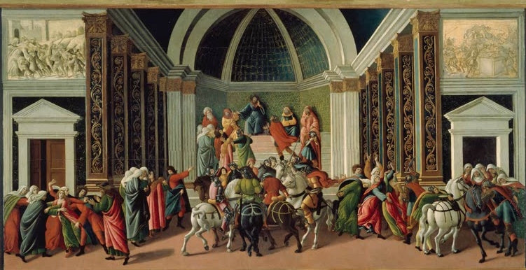 Menschengruppen, Reiter und weiße Pferde in einer Säulenhalle – Sandro Botticelli Geschichte Virginias Kunstkopie