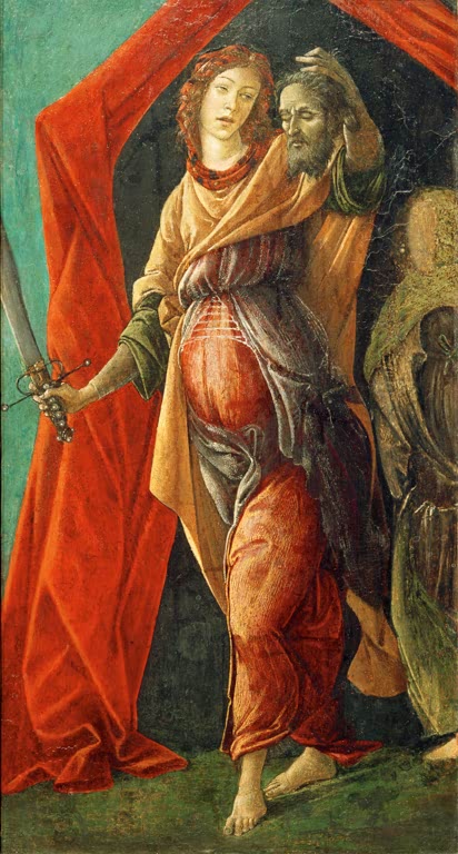 Judith hält das Haupt des Holofernes vor rotem Vorhang – Sandro Botticelli Judith mit dem Haupt des Holofernes Kunstkopie