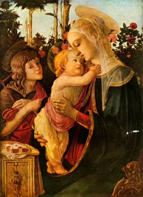 Maria hält das Christkind im Rosengarten, der junge Johannes steht links – Sandro Botticelli Jungfrau und Kind Kunstkopie