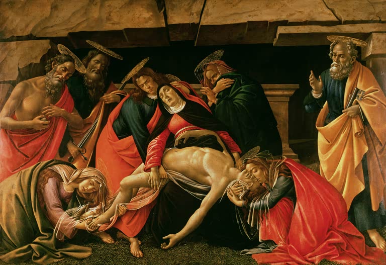 Maria, Johannes und Heilige beweinen den toten Christus in einer Grotte – Sandro Botticelli Klage über Christus Kunstkopie