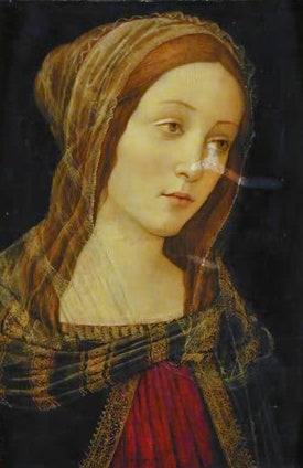 Junge Frau im Profil mit Kopftuch und rotem Kleid vor dunklem Grund – Sandro Botticelli Kopf eines Heiligen Kunstkopie