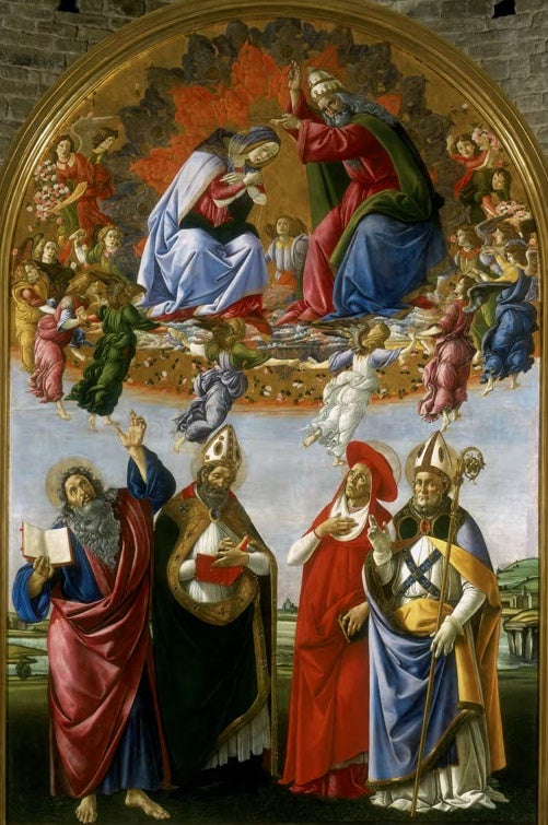 Krönung Mariens im Engelskreis über vier stehenden Heiligen – Sandro Botticelli Krönung der Jungfrau Kunstkopie