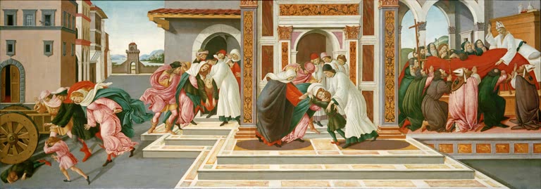Szenen vor Palastarchitektur mit Prozession – Sandro Botticelli Leben und Wundertaten des heiligen Zenobius Kunstkopie