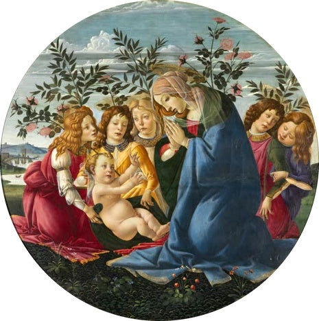 Rundbild: Maria mit Kind und fünf Engeln im Garten – Sandro Botticelli Madonna betet mit fünf Engeln das Kind an Kunstkopie