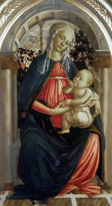 Maria mit dem Kind unter einem Bogen, im Hintergrund Rosen – Sandro Botticelli Madonna im Rosengarten Kunstkopie
