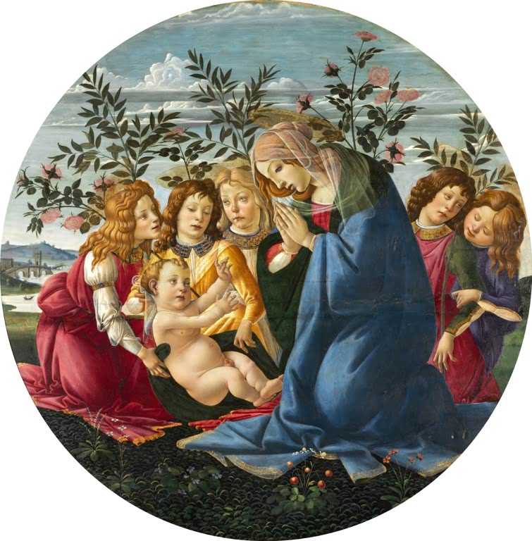 Maria kniet im Rosengarten mit dem Kind, umgeben von fünf Engeln – Sandro Botticelli Madonna mit dem Kind Kunstkopie