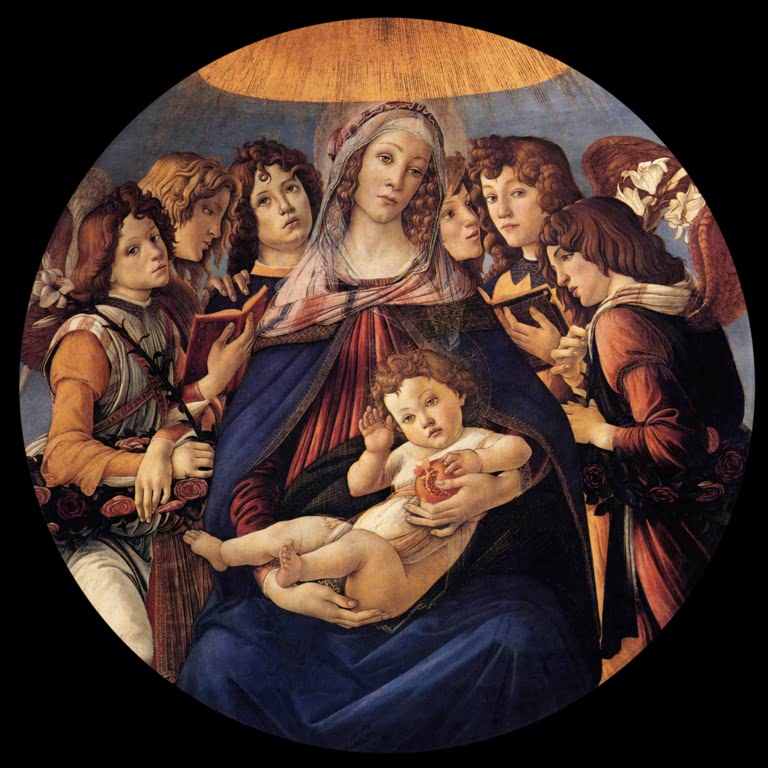 Rundbild: Maria mit Kind und Granatapfel, umgeben von sechs singenden Engeln – Sandro Botticelli Madonna mit Kind Kunstkopie
