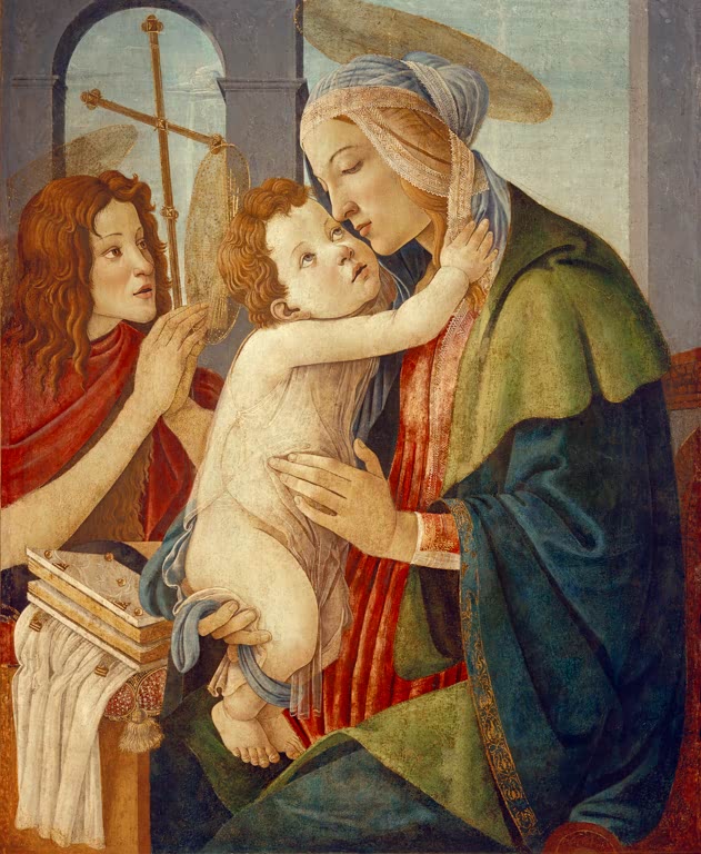 Maria küsst das Kind, daneben der junge Johannes – Sandro Botticelli Madonna mit Kind und dem Johannesknaben Kunstkopie