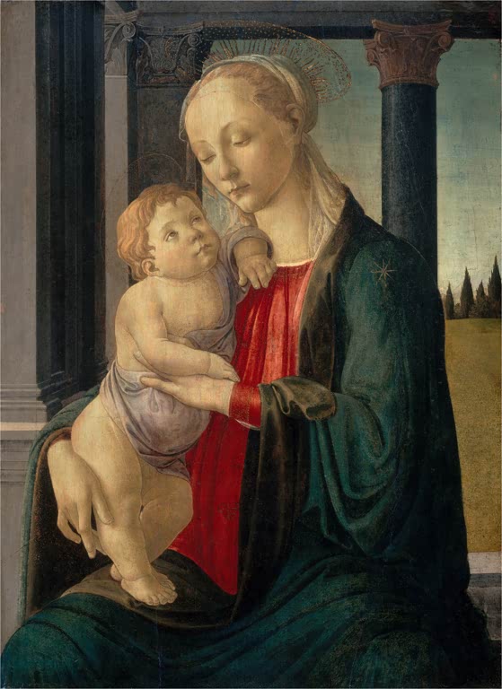 Maria hält das Kind auf dem Schoß, dahinter Säule und Landschaft – Sandro Botticelli Madonna mit Kind Kunstkopie