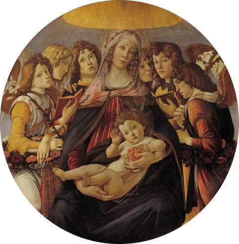 Rundbild: Maria, Kind und sechs Engel mit Büchern – Sandro Botticelli Maria mit dem Kinde und sechs Engeln Kunstkopie
