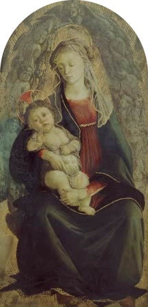 Thronende Maria mit Kind vor goldgrauer Engelsglorie – Sandro Botticelli Maria mit Kind in einer Engelsglorie Kunstkopie