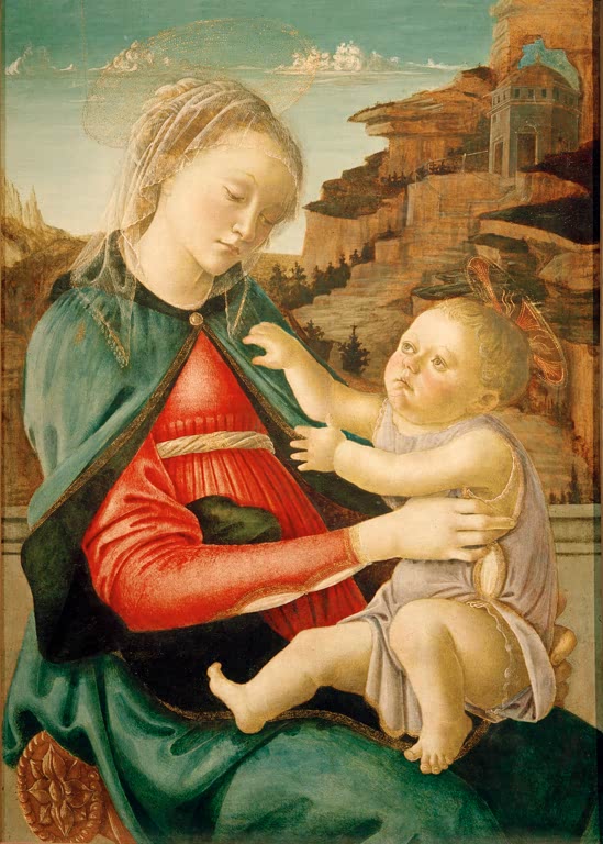 Maria hält das Kind im Arm, im Hintergrund Felsen und Gebäude – Sandro Botticelli Maria mit Kind (Madonna Guidi) Kunstkopie