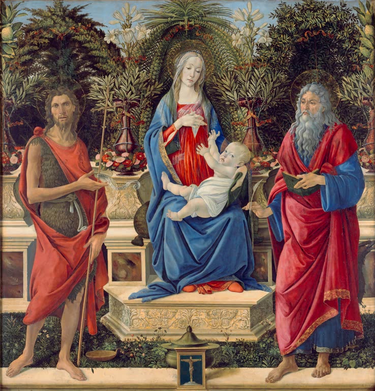 Madonna mit Kind zwischen zwei Heiligen im Garten – Sandro Botticelli Maria mit Kind und den beiden Johannes Kunstkopie
