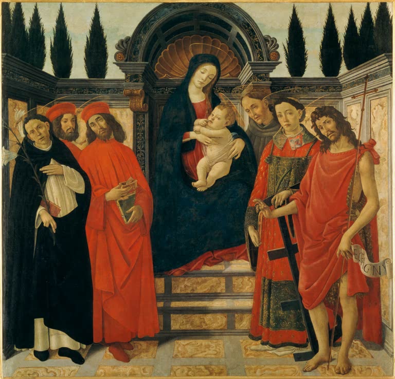 Thronende Maria mit Kind, umgeben von sechs stehenden Heiligen – Sandro Botticelli Maria mit Kind und Heiligen Kunstkopie