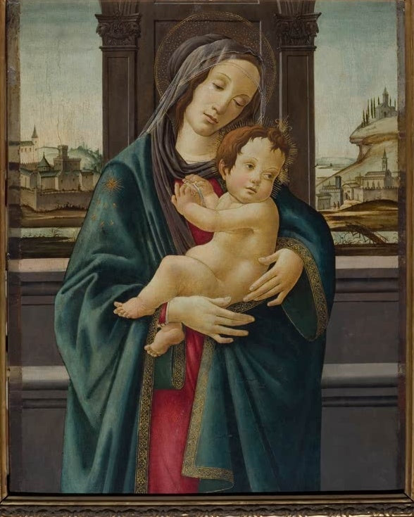 Maria hält das Kind in den Armen, dahinter Fenster mit Stadtansicht – Sandro Botticelli Maria mit Kind Kunstkopie