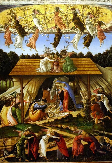 Geburt Christi unter Strohdach, oben tanzende Engel – Sandro Botticelli Mystische Geburt Kunstkopie