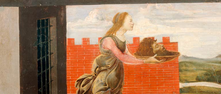 Frau in rosa Gewand trägt eine Schale mit abgeschlagenem Haupt – Sandro Botticelli Salome mit dem Haupt Johannes Kunstkopie