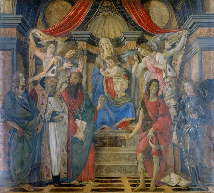Thronende Maria mit Kind, Engeln und Heiligen in prunkvoller Nische – Sandro Botticelli San Barnaba-Altarbild Kunstkopie