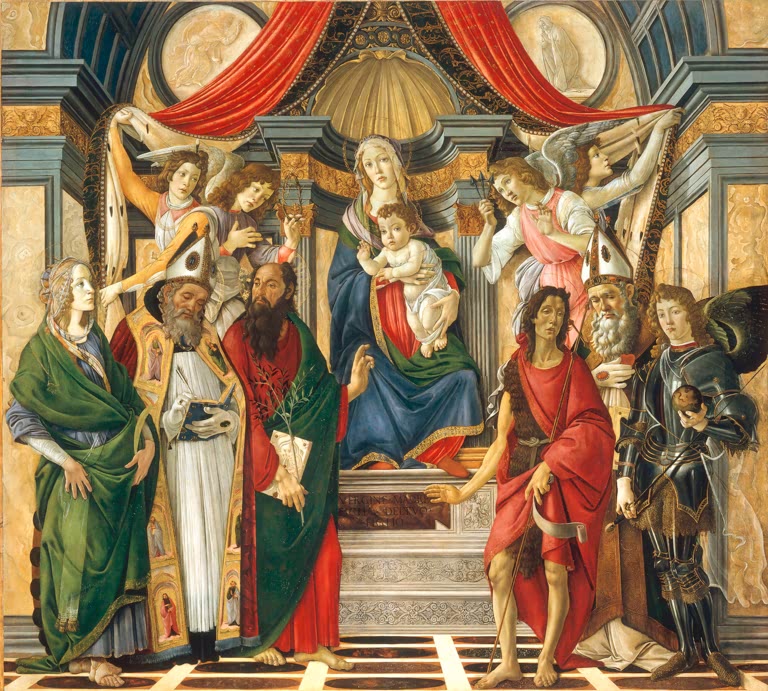 Thronende Maria mit Kind unter Baldachin, seitlich Heilige und Engel – Sandro Botticelli Thronende Madonna Kunstkopie