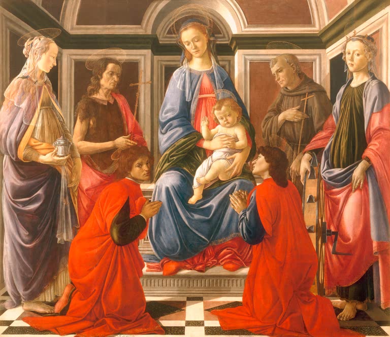 Thronende Maria mit Kind, Heilige und kniende Gestalten – Sandro Botticelli Thronende Madonna mit dem Kinde Kunstkopie