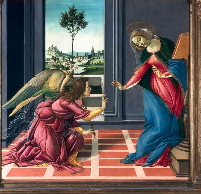 Engel kniet vor Maria in einem Raum mit Blick auf Landschaft – Sandro Botticelli Verkündigung Kunstkopie