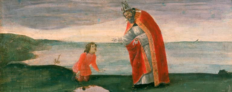Bischof in rotem Mantel und ein Knabe am Meeresufer – Sandro Botticelli Vision des heiligen Augustinus Kunstkopie