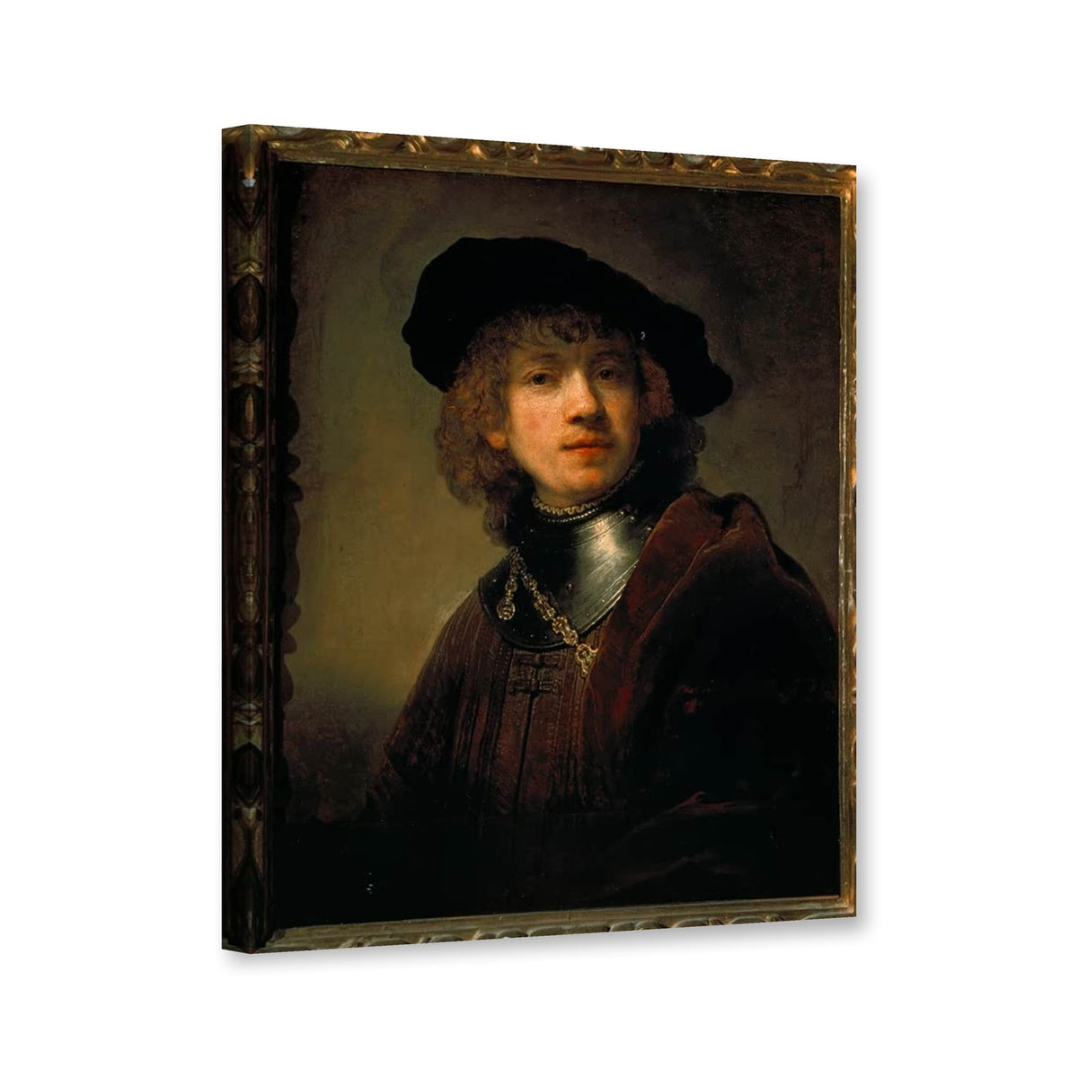 Selbstbildnis mit dem eisernen Kragen von Rembrandt van Rijn als Leinwand – Perspektivansicht