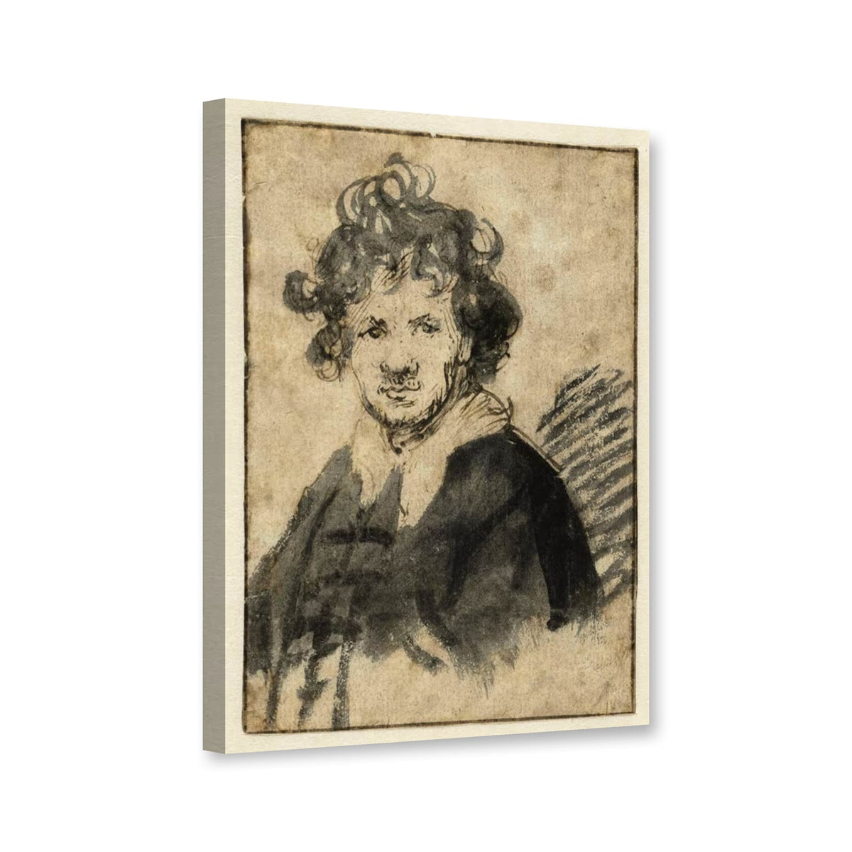 Selbstbildnis mit zerzaustem Haar von Rembrandt van Rijn als Leinwand – Perspektivansicht